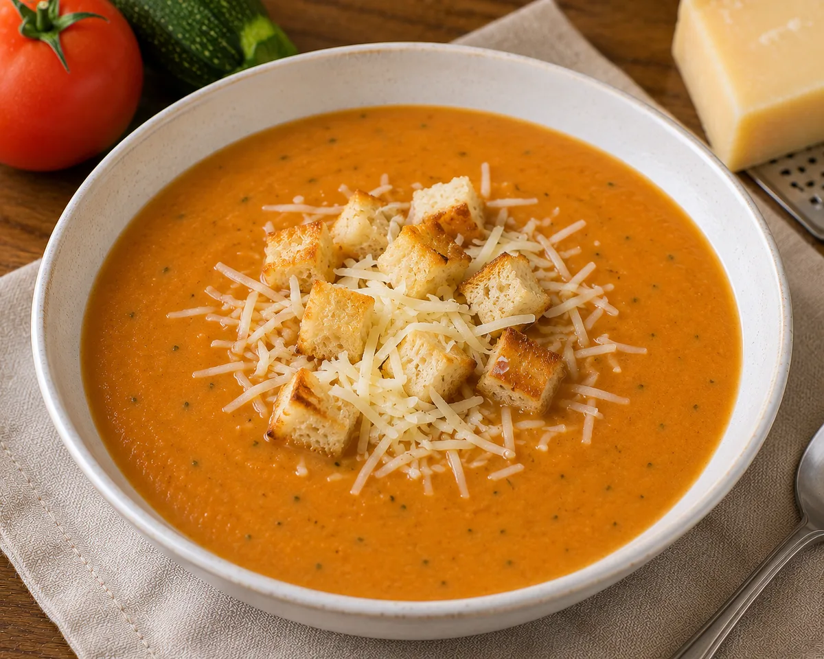 Velouté de tomate et courgette tamisé, croûtons de pain blanc et fromage à pâte cuite râpé