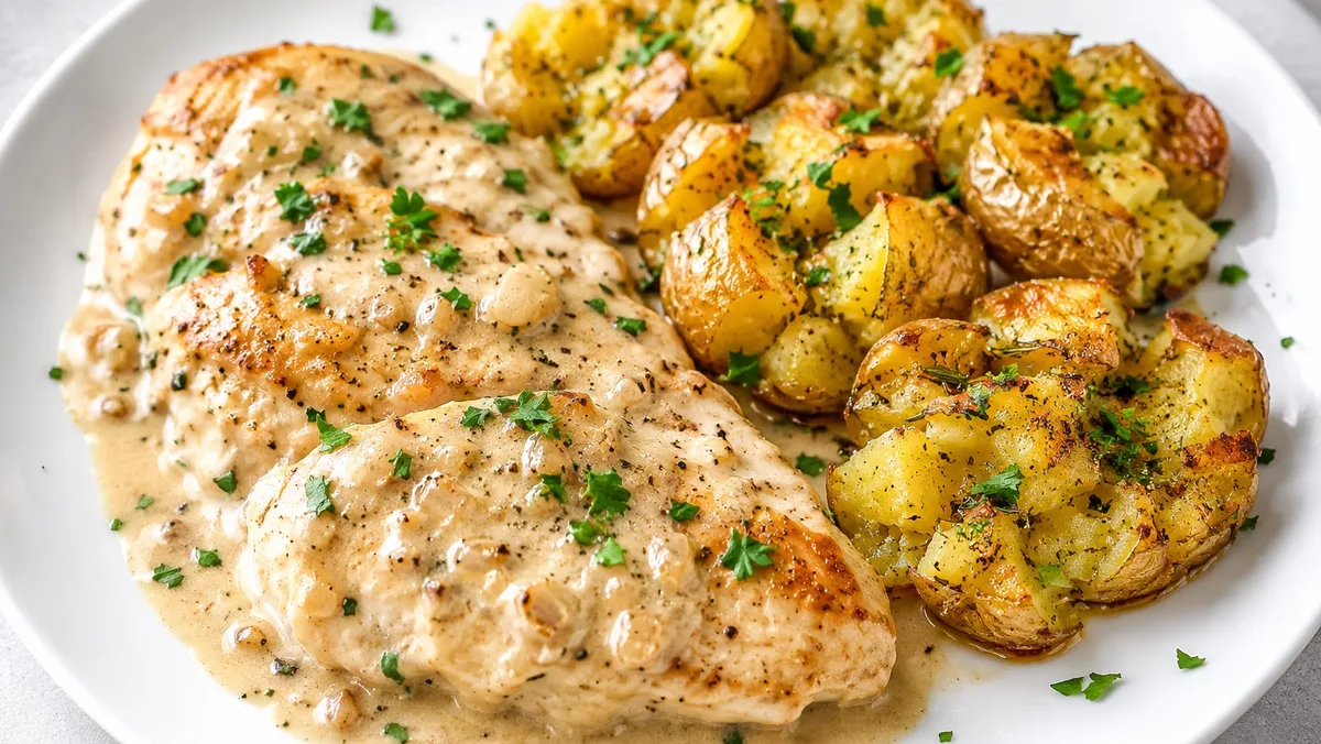 Poulet à la crème & pommes de terre smashées