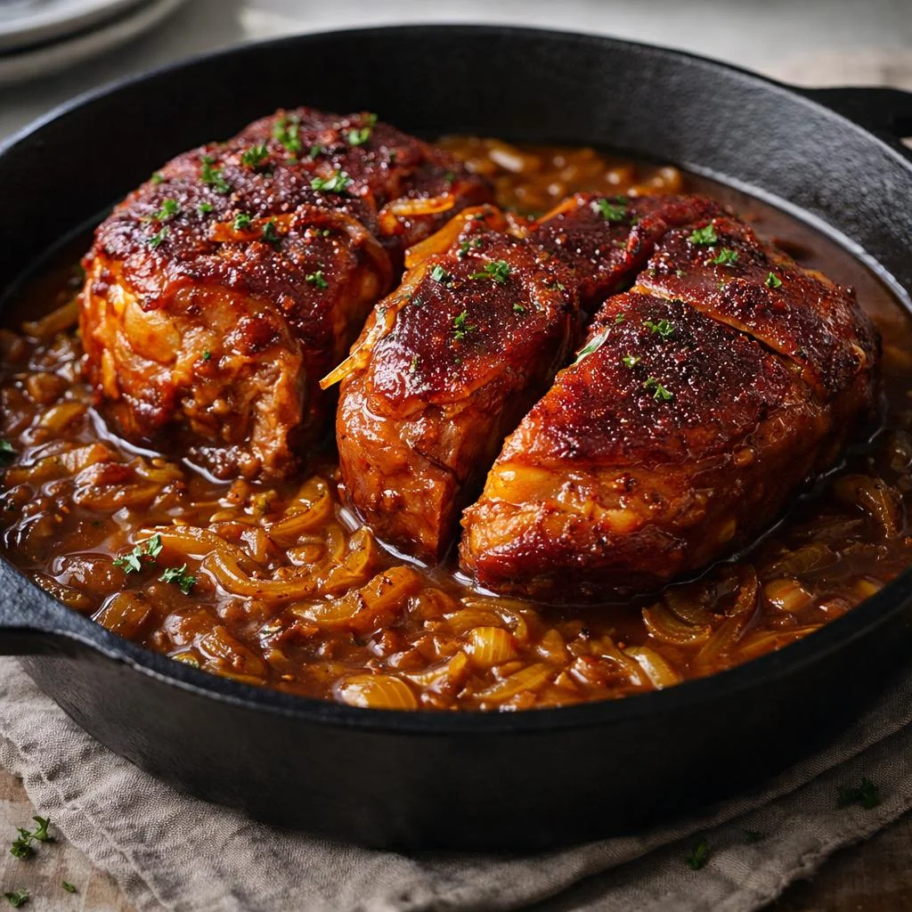 Rouelles de porc confites à la sauce ail et oignons
