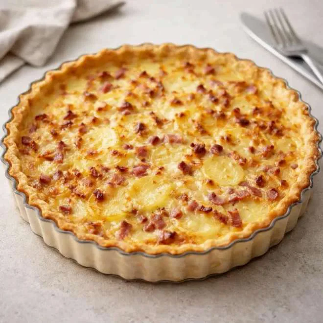 Quiche aux pommes de terre, lardons et fromage râpé (tarte salée maison)