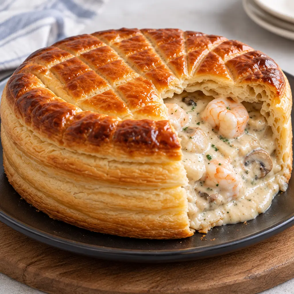 Vol-au-vent crémeux aux fruits de mer, doré et croustillant