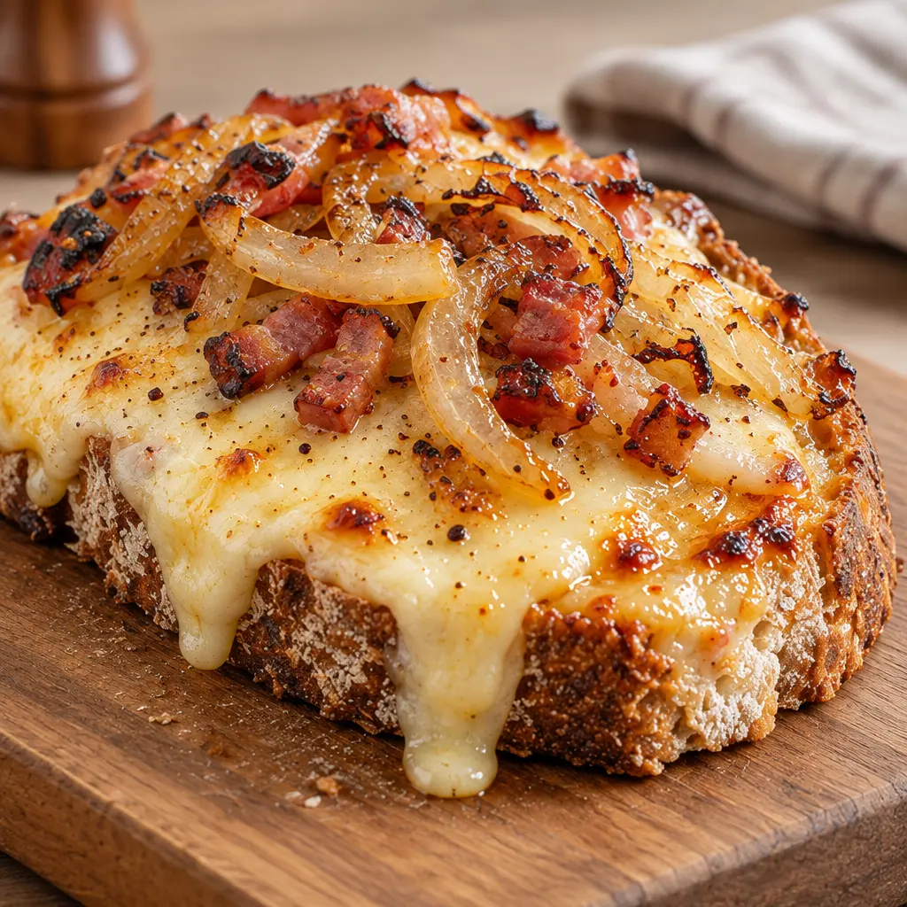 Tartines gratinées aux oignons et aux lardons, fondantes