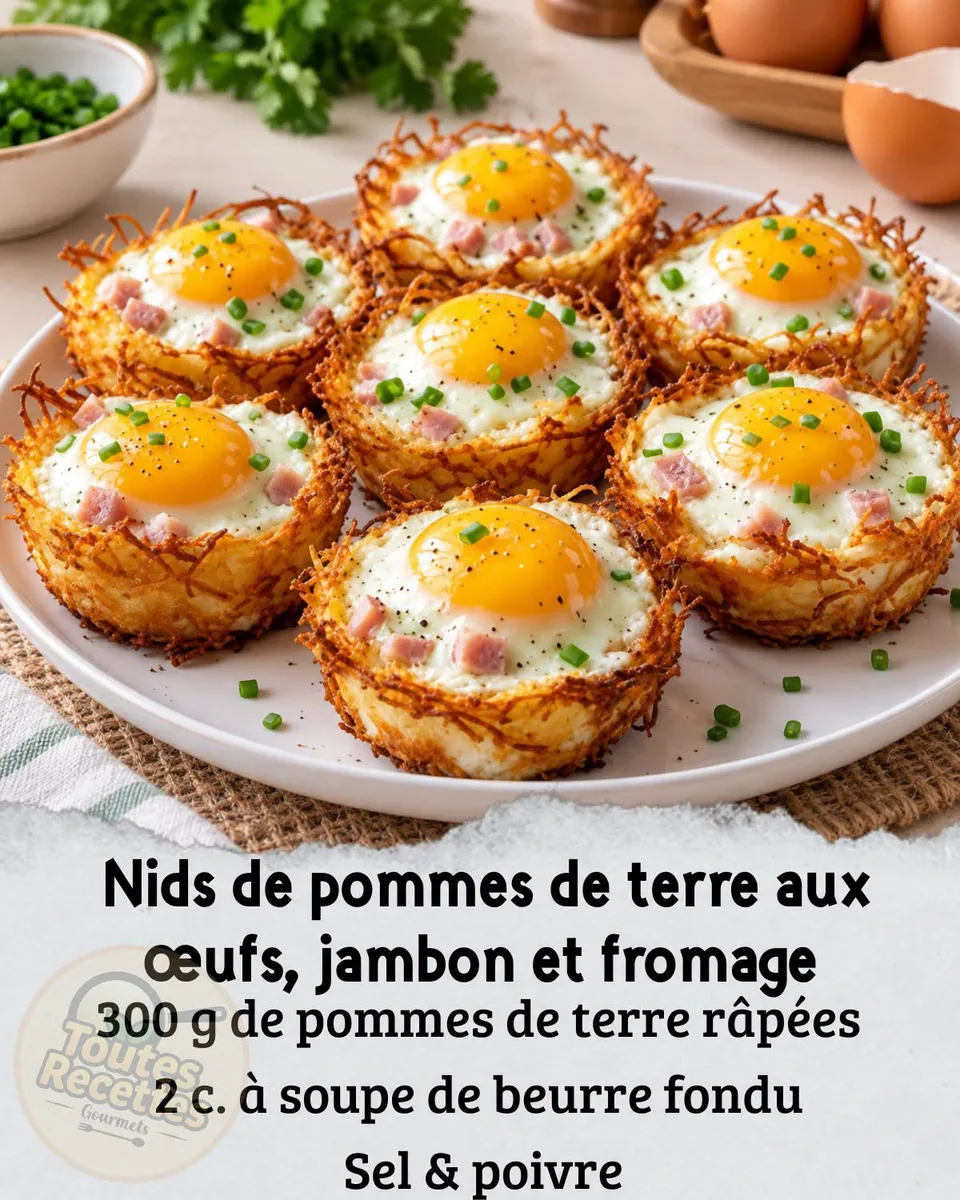 Nids de pommes de terre aux œufs, jambon et fromage