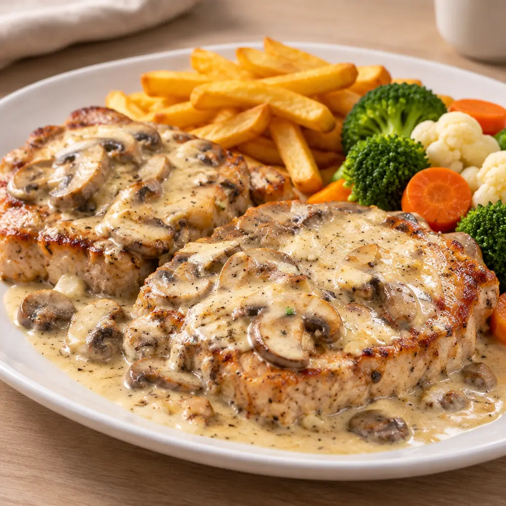 Côtes de porc au camembert, sauce crémeuse et champignons