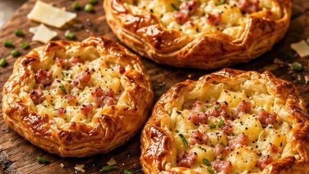 Croustillants feuilletés aux pommes de terre, lardons et fromage
