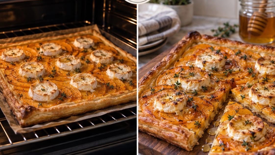 Tarte fine feuilletée à la courge butternut, chèvre et miel
