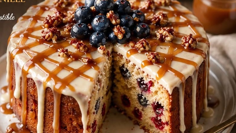 Gâteau moelleux aux fruits rouges, noix caramélisées & glaçage vanillé