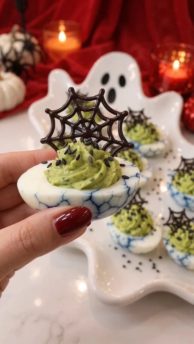 Œufs mimosa effrayants pour Halloween avec garniture à l'avocat