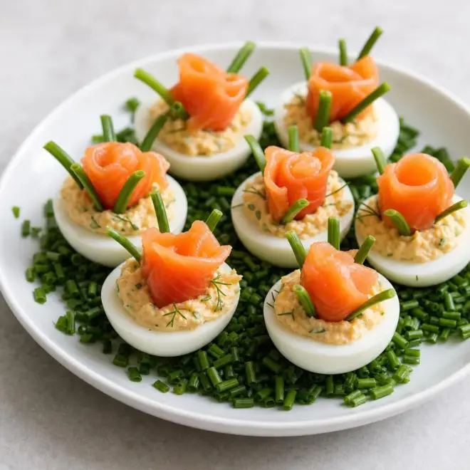 Œufs durs farcis façon fleurs, saumon fumé et fromage, sur lit de ciboulette