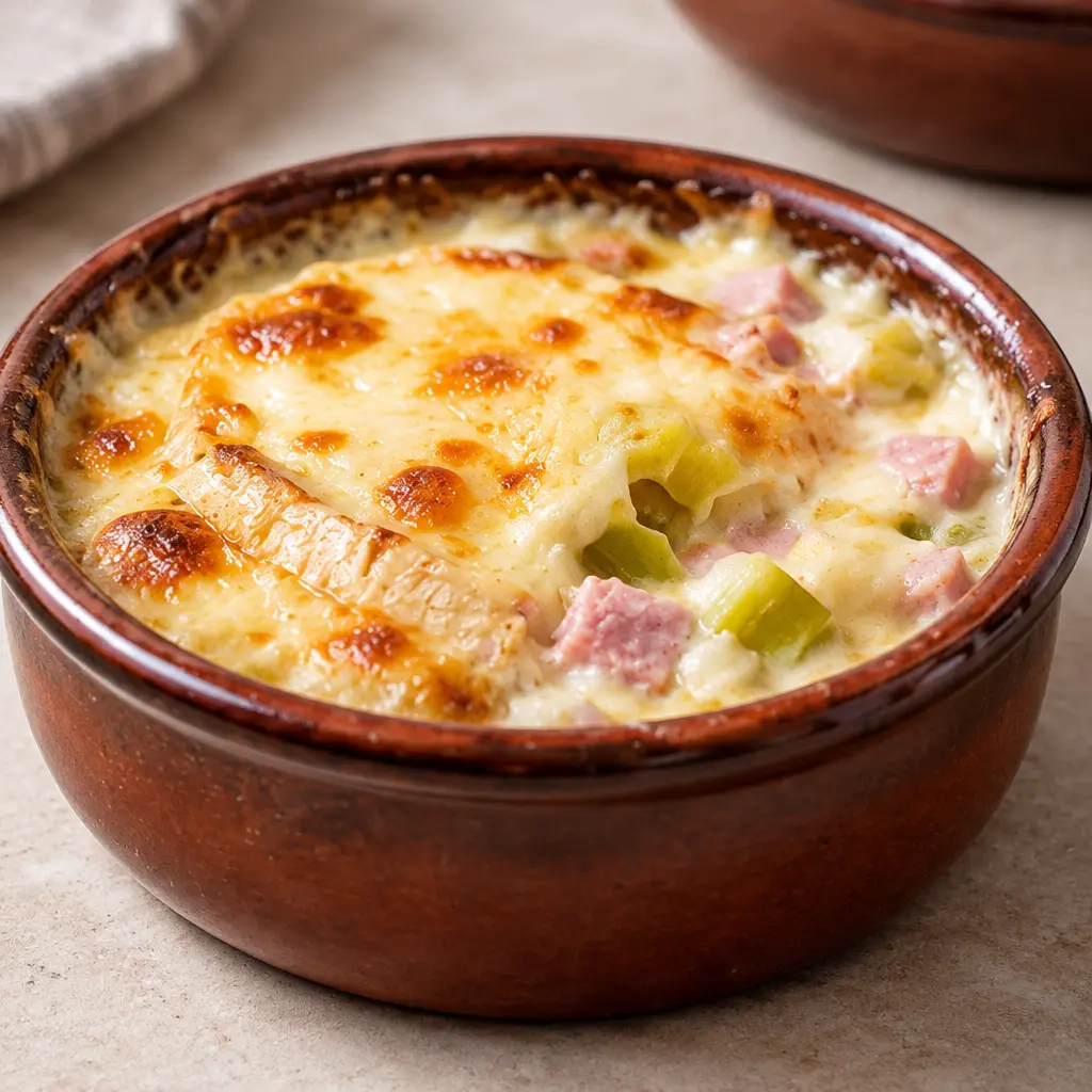 Gratin individuel de poireaux au jambon, camembert et emmental