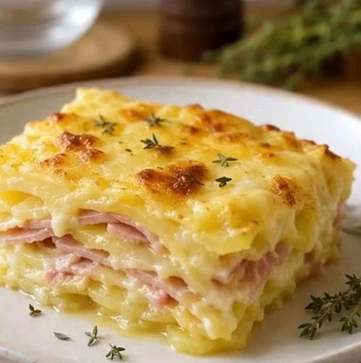 Moussaka de pommes de terre au jambon et à la raclette