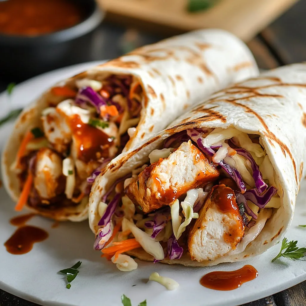 Wrap au poulet, salade de chou et sauce barbecue