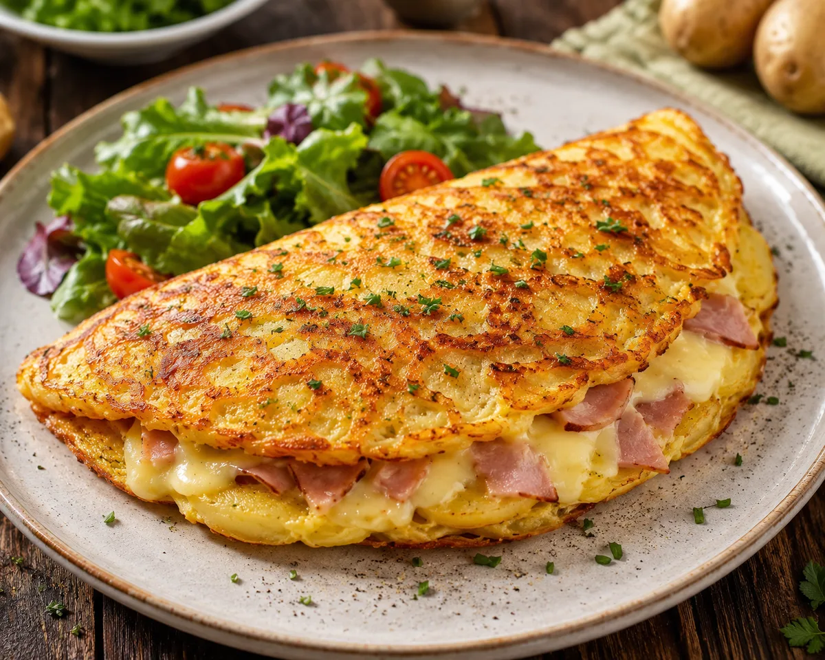 Omelette de pommes de terre parfaitement croustillante avec jambon et fromage
