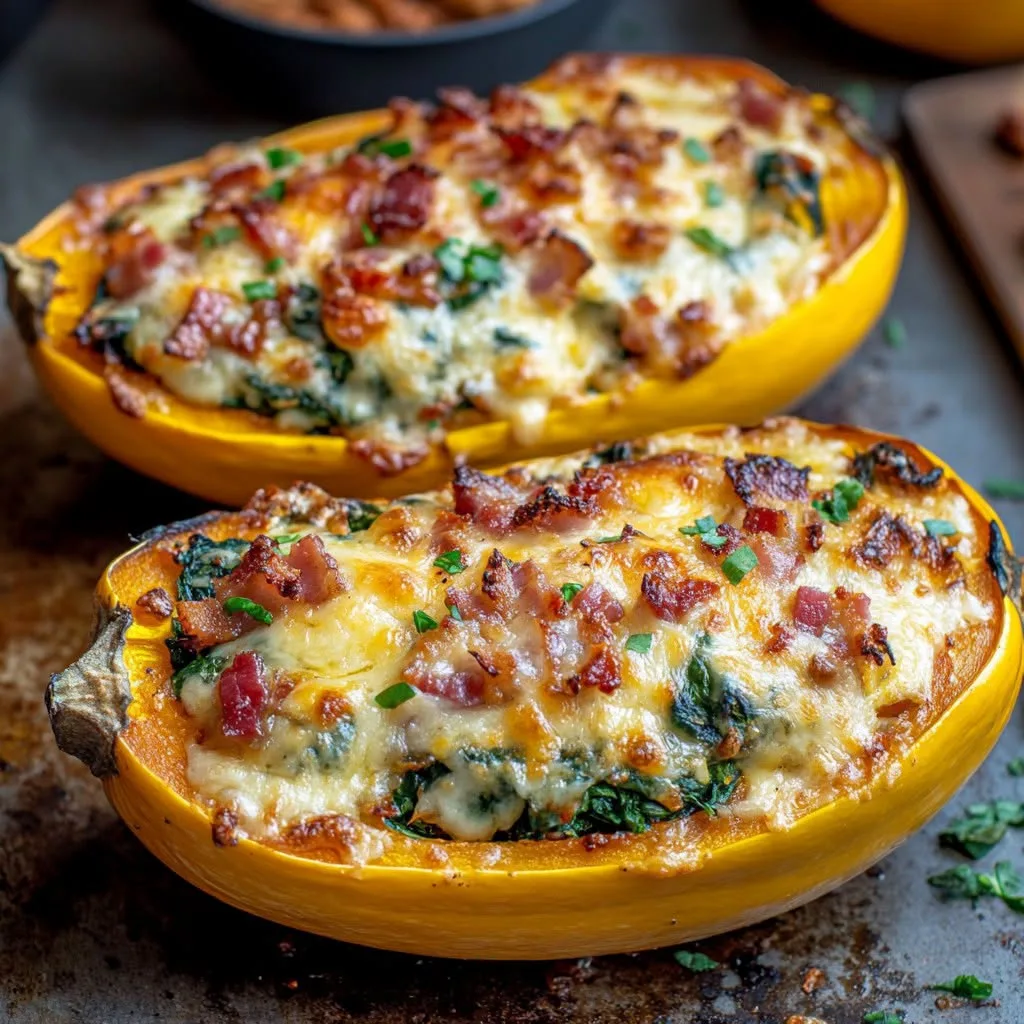 Courge butternut rôtie farcie aux épinards, bacon et fromage