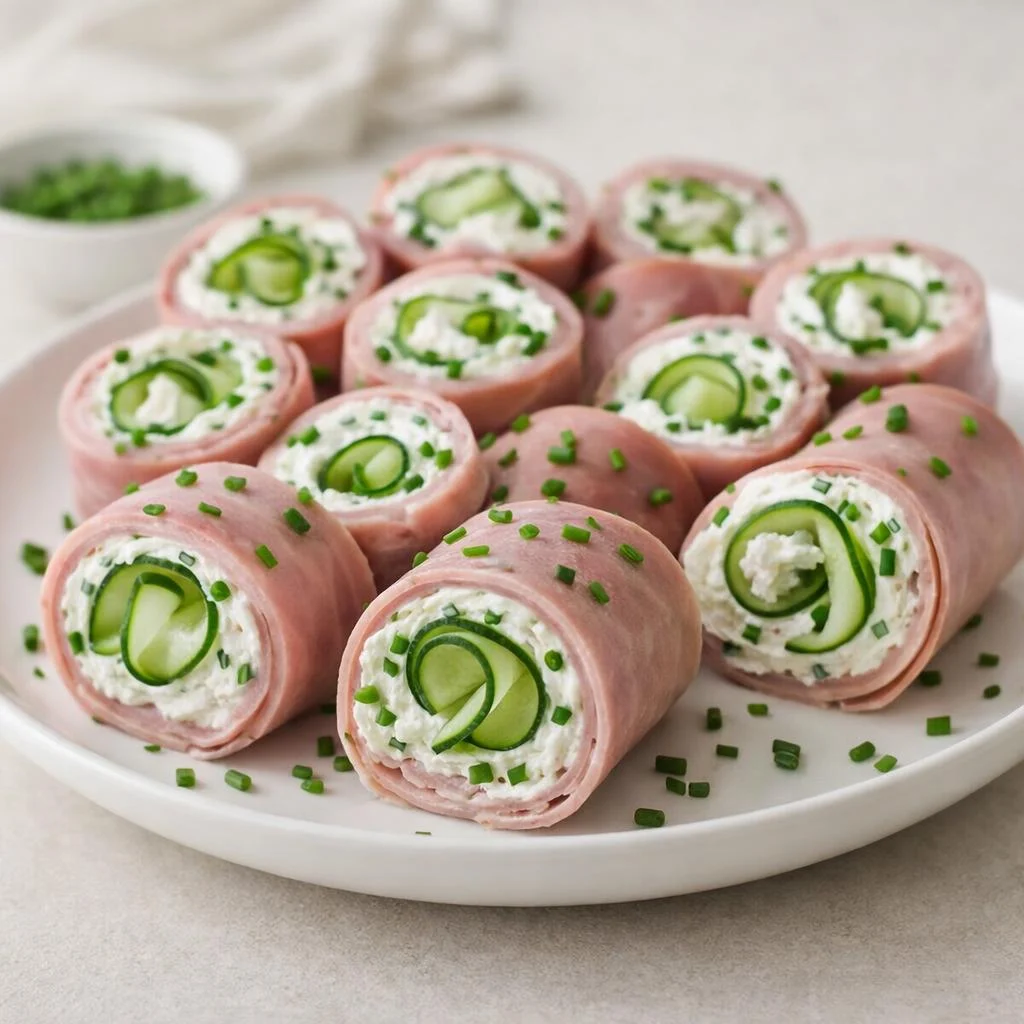 Roulés de jambon à la crème de fromage frais, concombre et ciboulette