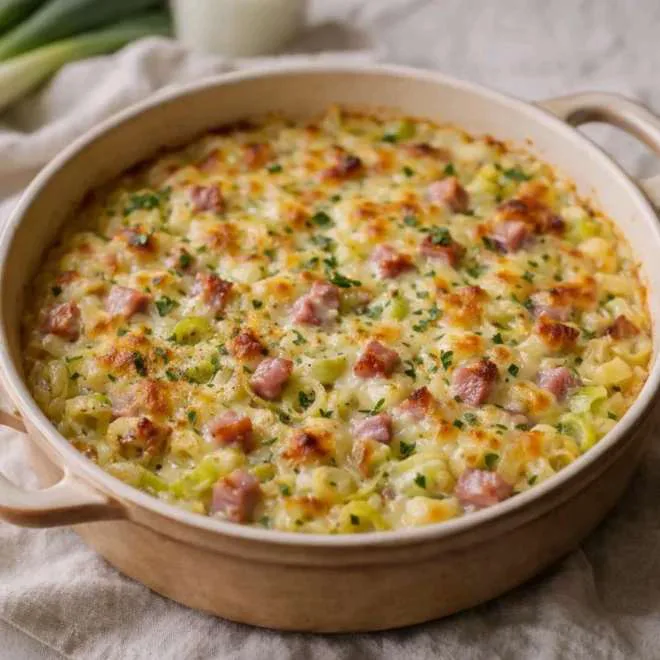 Gratin de pâtes aux poireaux, jambon et comté (au four)