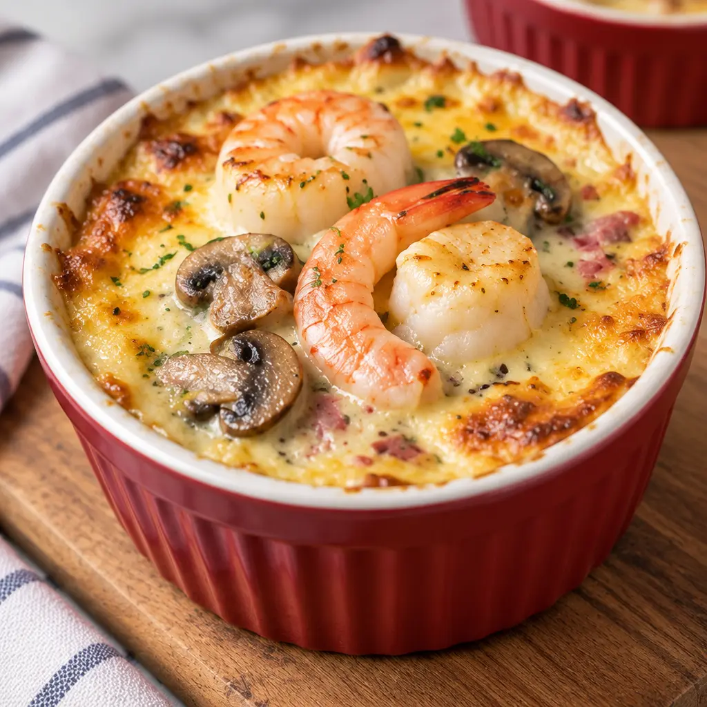 Gratin crémeux de fruits de mer, fondant et doré