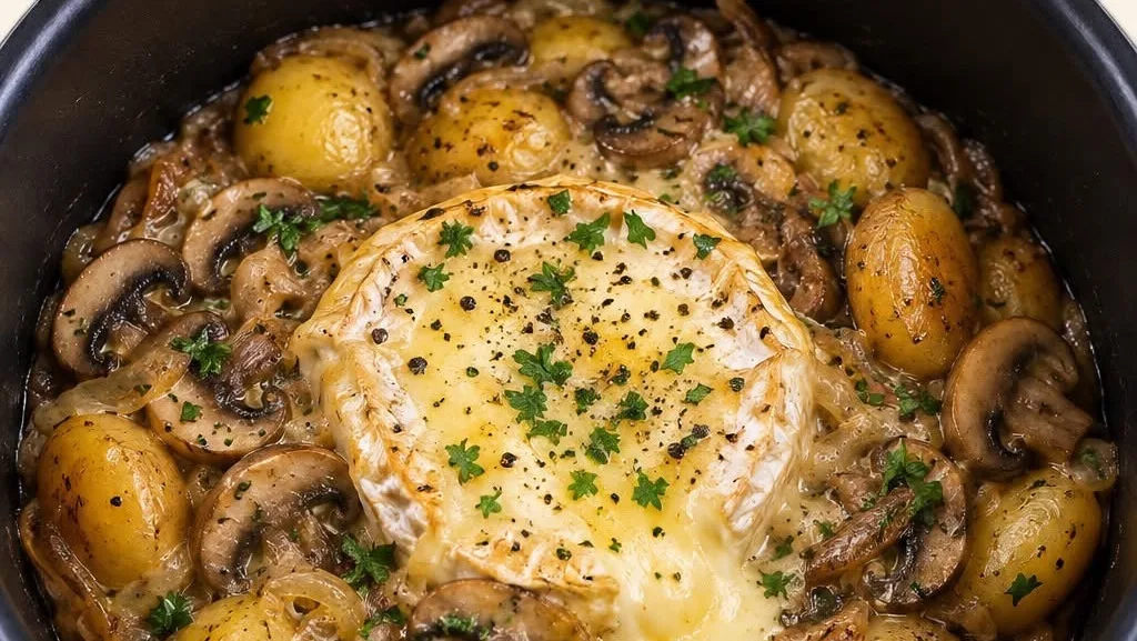 Pommes grenailles et champignons au camembert fondant