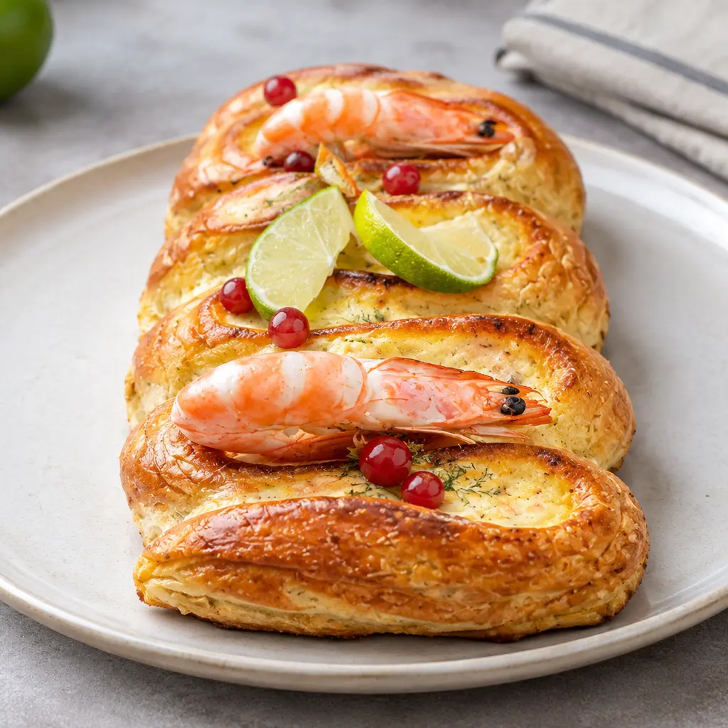 Brioche tressée aux crevettes, moelleuse et dorée
