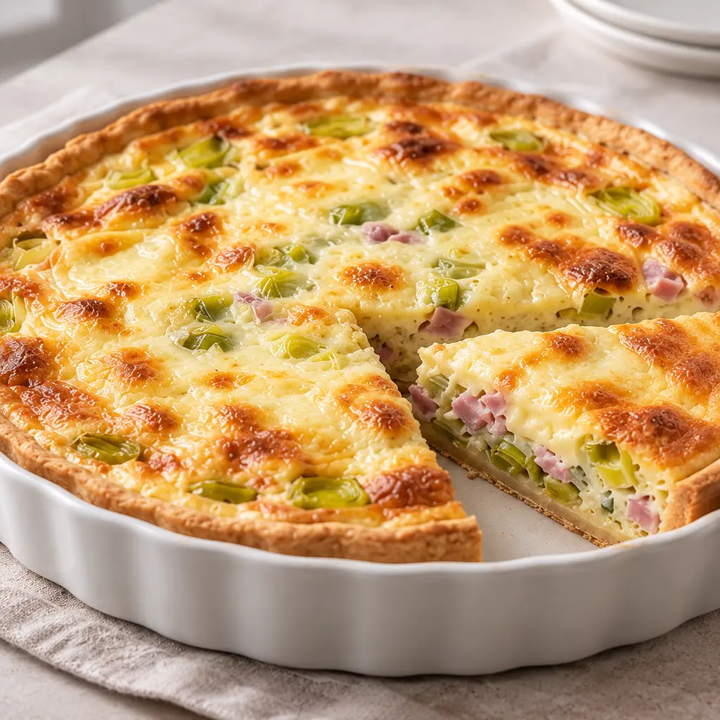 Quiche aux poireaux et au jambon, crémeuse et dorée