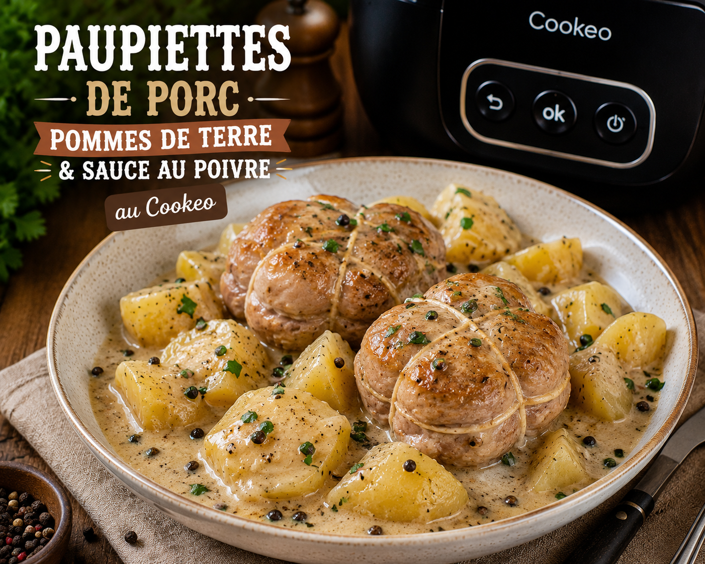 Paupiettes de porc, pommes de terre & sauce au poivre au Cookeo