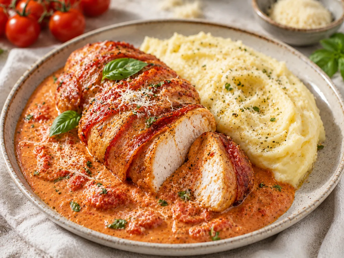 Poulet en croûte de lard dans une sauce à la tomate et parmesan crémeuse avec purée de pommes de terre