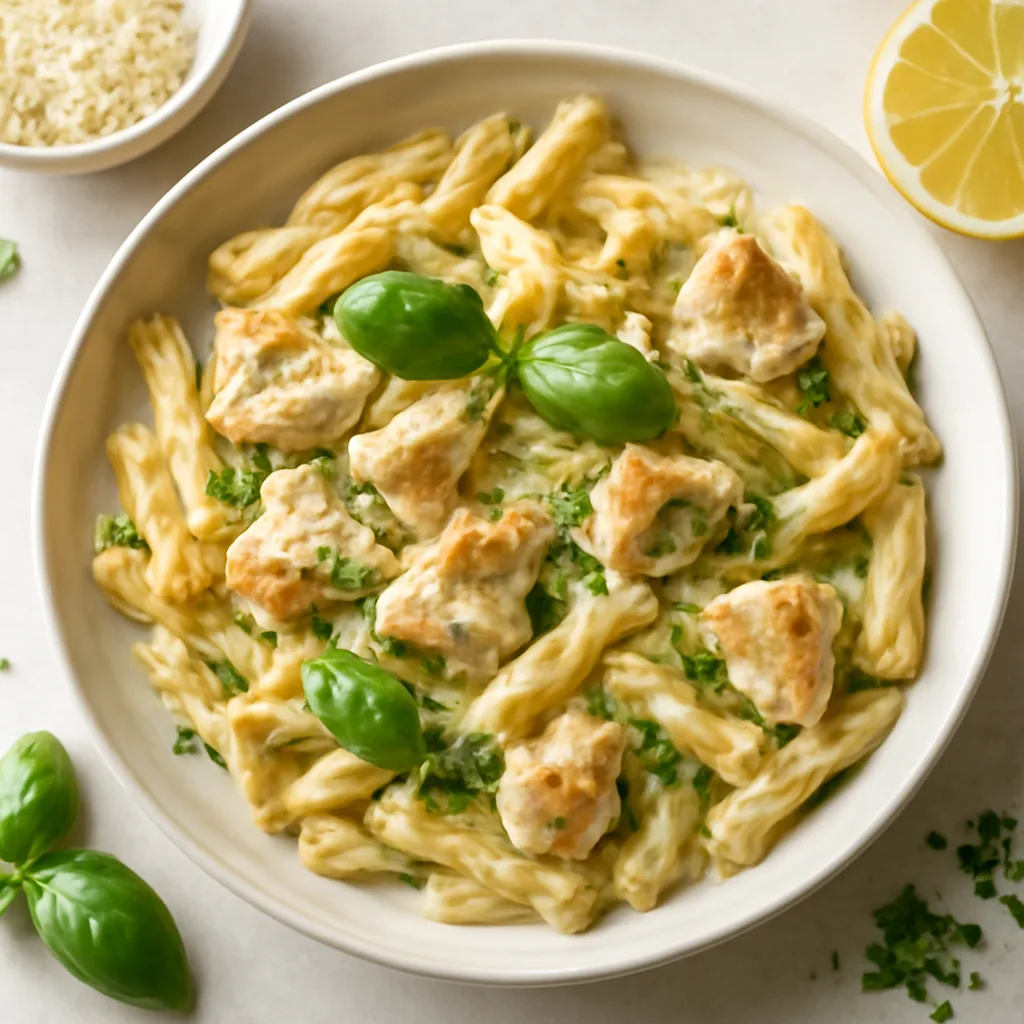 Pâtes crémeuses au poulet, parmesan et basilic