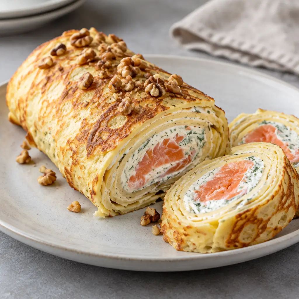 Roulade de crêpes au saumon fumé, fraîche et fondante