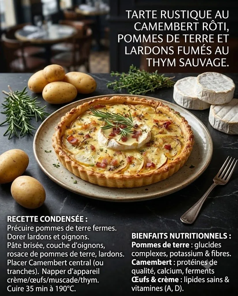Tarte rustique au Camembert rôti, pommes de terre et lardons fumés au thym sauvage