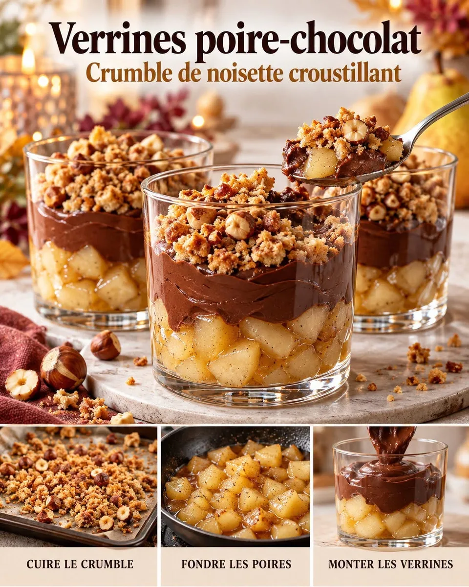 Verrines chocolat-poires et crumble de noisette