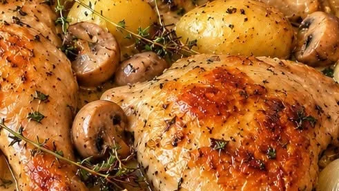 Cuisses de Poulet Rôties au Thym Citron – Fondantes, Crémeuses & Parfumées