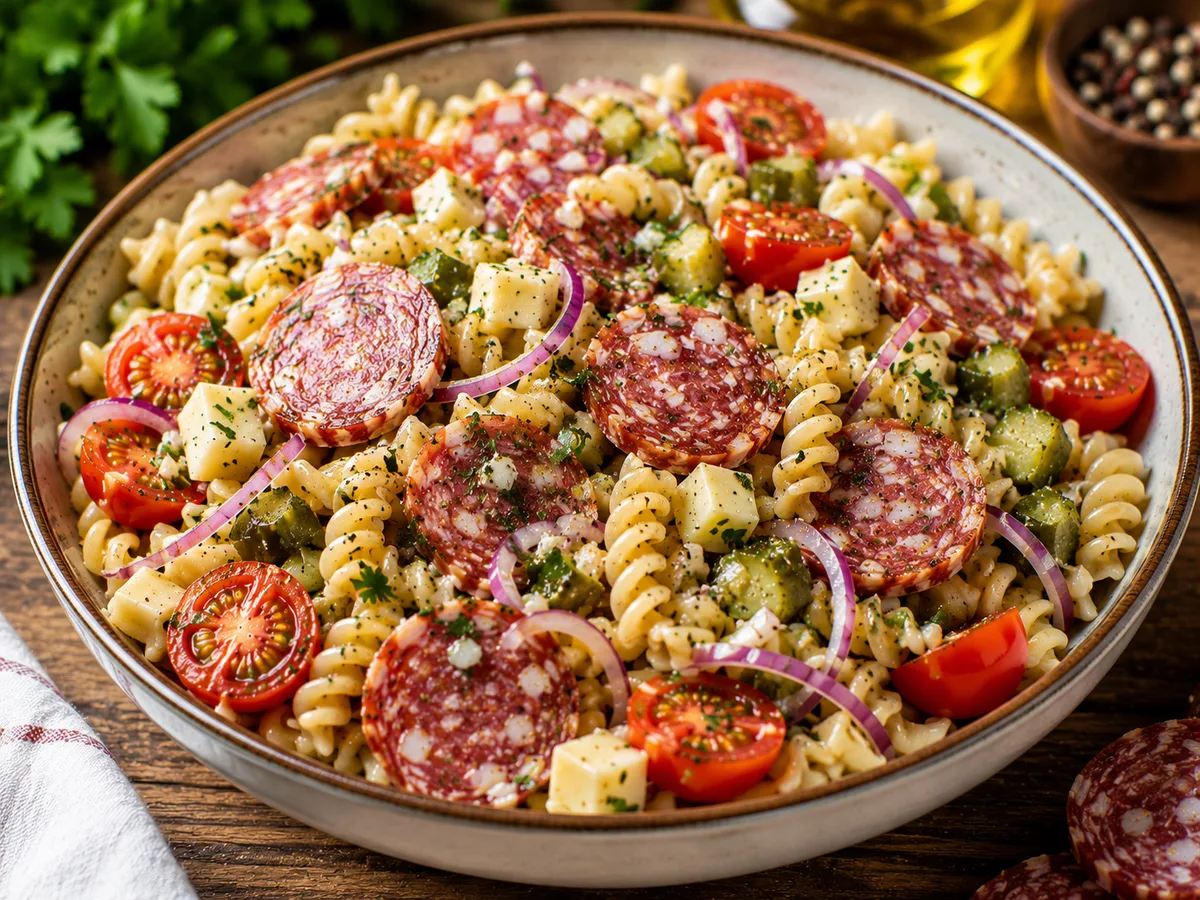 Salade de pâtes au saucisson à l'ail - Style bistrot au Cookeo
