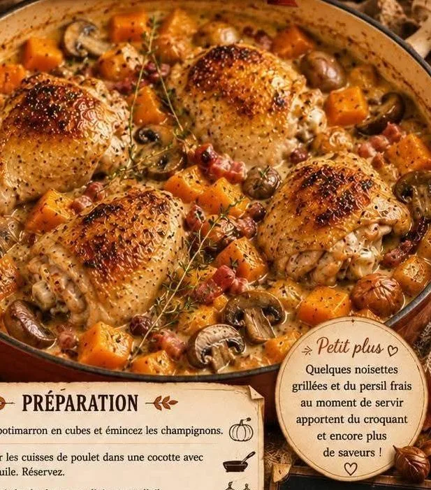 Poulet au potimarron, lardons & champignons