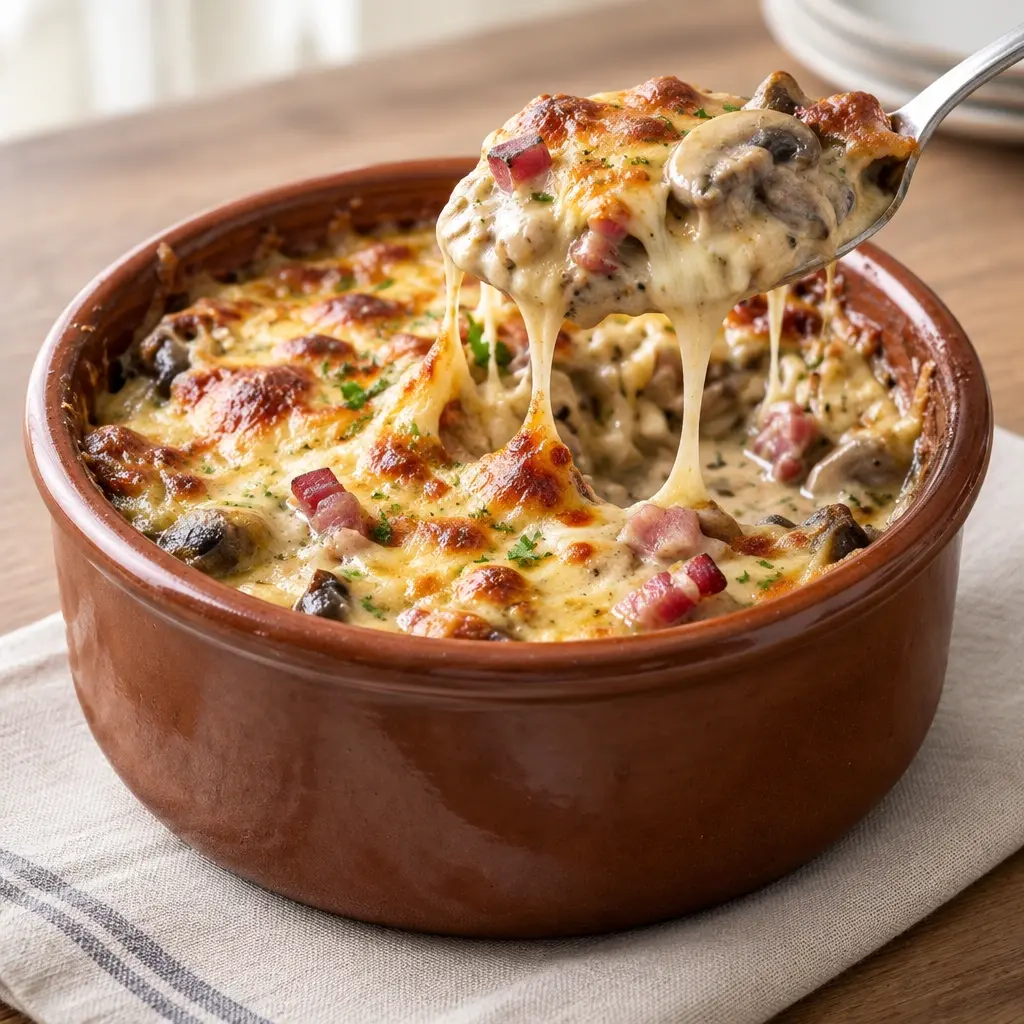 Cassolette de champignons gratinée, crémeuse et dorée