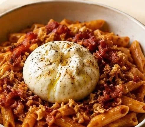 Pasta Pesto Rosso Burrata Bacon Crispy au Cookeo