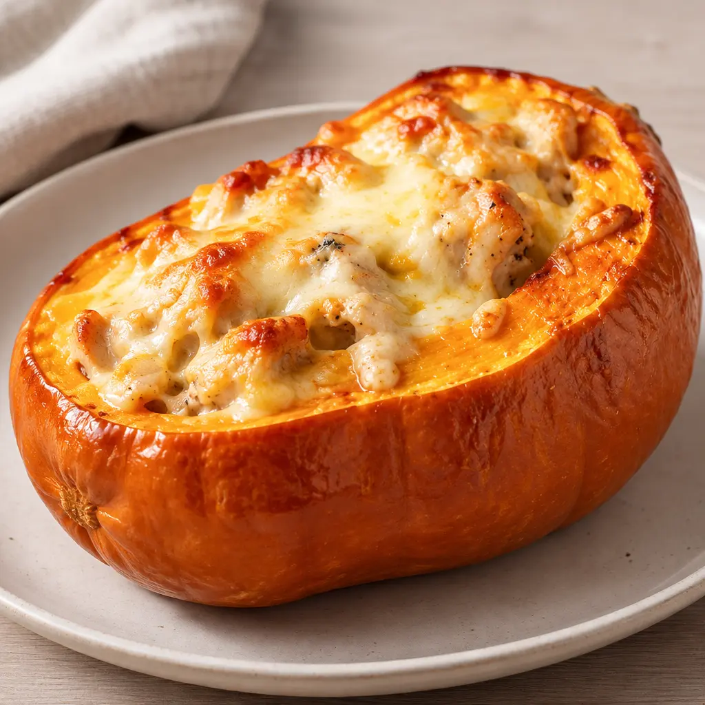 Courge farcie au poulet, crémeuse et gratinée