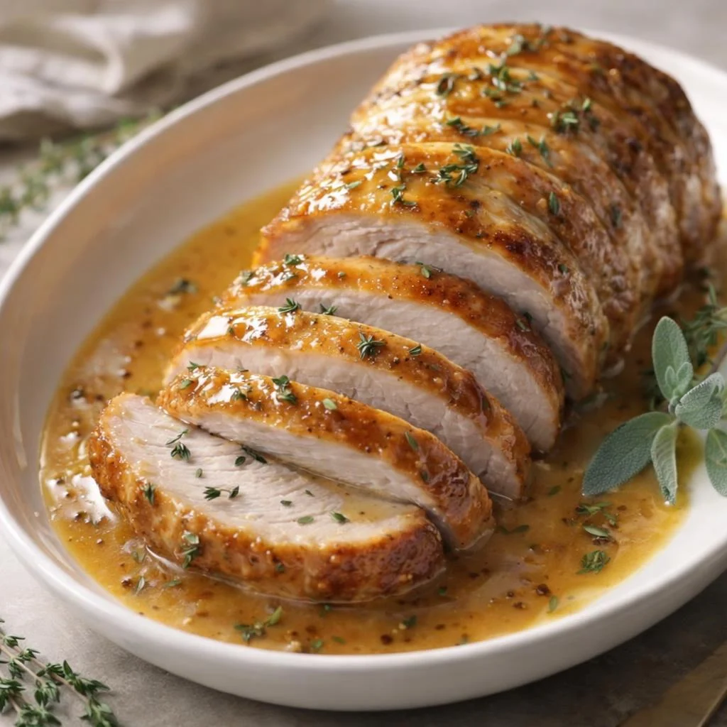 Rôti de porc au miel et à la moutarde doré