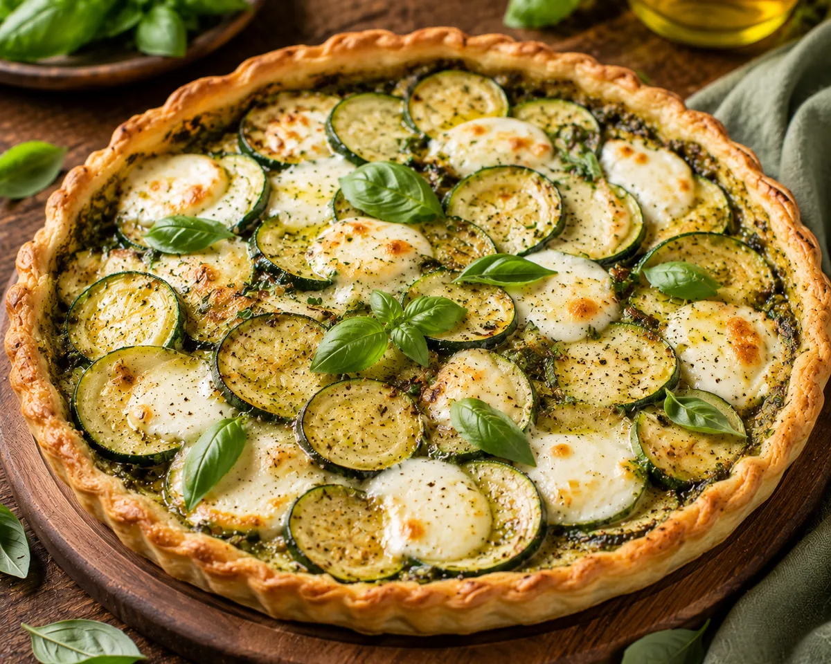 Tarte salée pesto, courgette, mozzarella et basilic