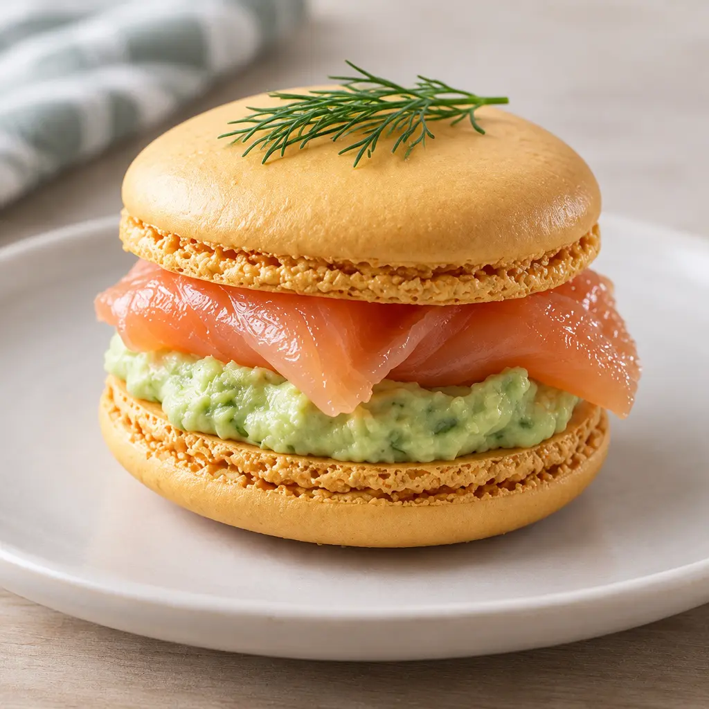 Macarons salés au saumon fumé, coques dorées et crème d’avocat