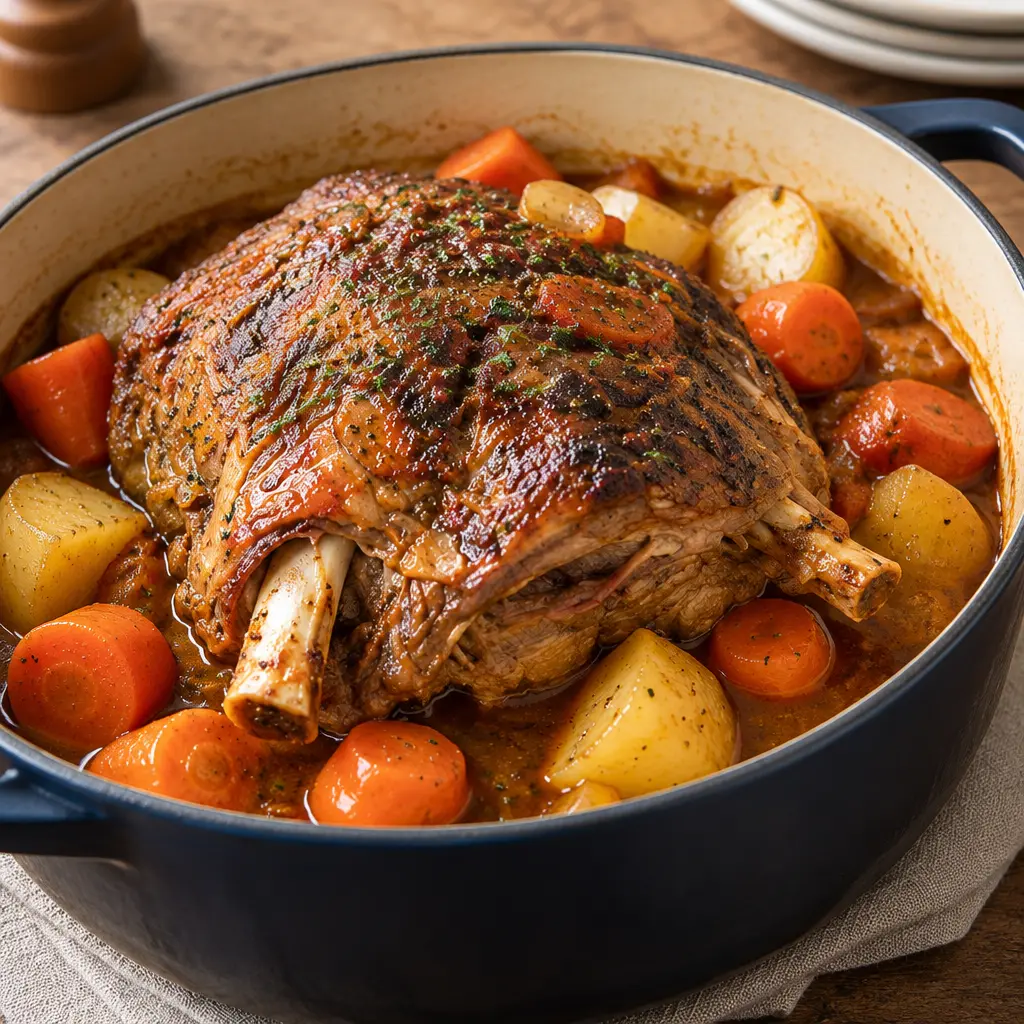 Cocotte d’agneau braisé, fondante et bien dorée