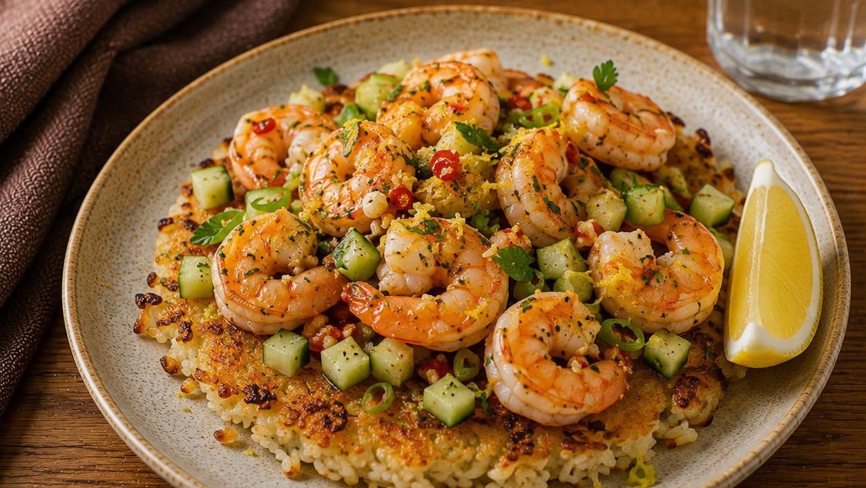 Crevettes ail-citron sur riz croustillant
