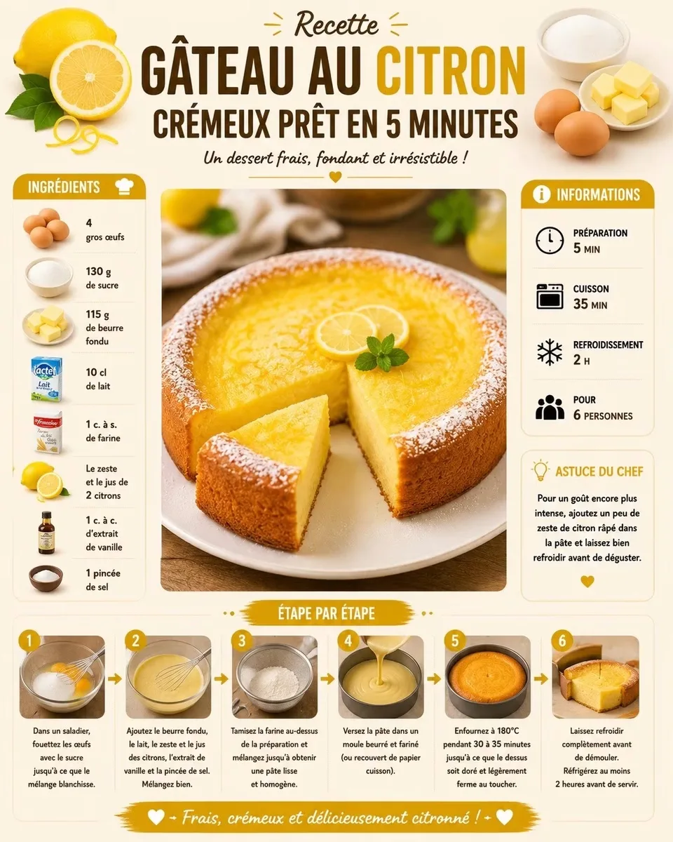 Gâteau au Citron Crémeux Prêt en 5 Minutes