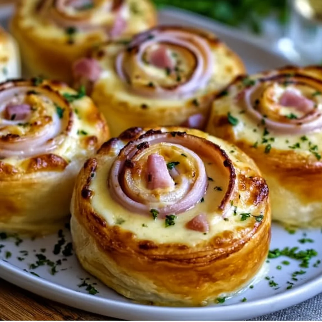 Escargots Feuilletés aux Dés de Jambon, Sauce Béchamel à la Moutarde et au Gruyère