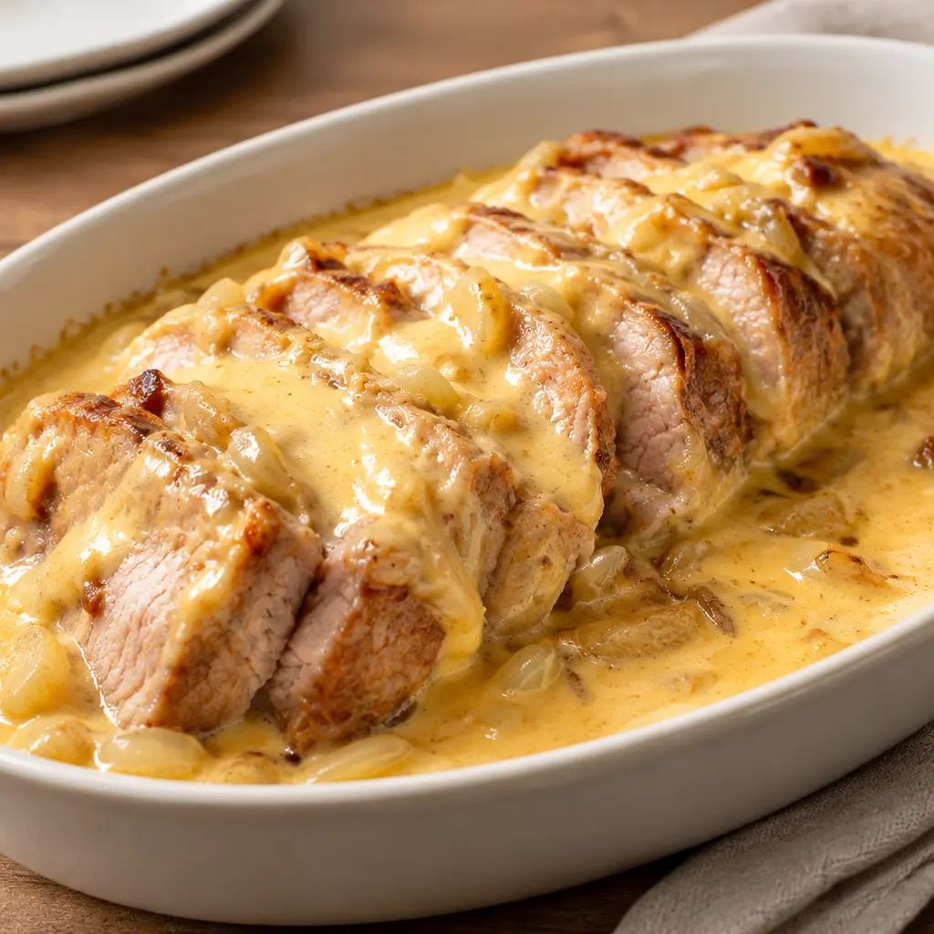 Rôti de porc au maroilles, sauce fondante et oignons