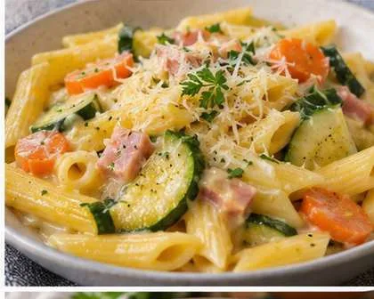 Penne, carottes et courgettes et fromages