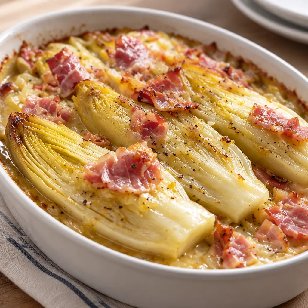 Endives braisées au jambon et vin blanc