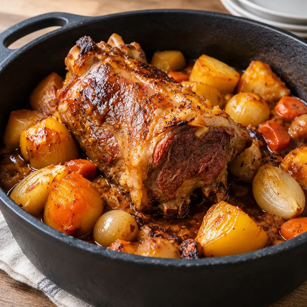 Jarret d’agneau braisé, fondant et nappé de jus brun