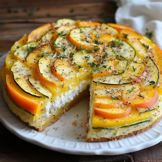 GÂTEAU INVISIBLE SALÉ AU CHÈVRE, COURGETTE JAUNE ET PÊCHES BLANCHES