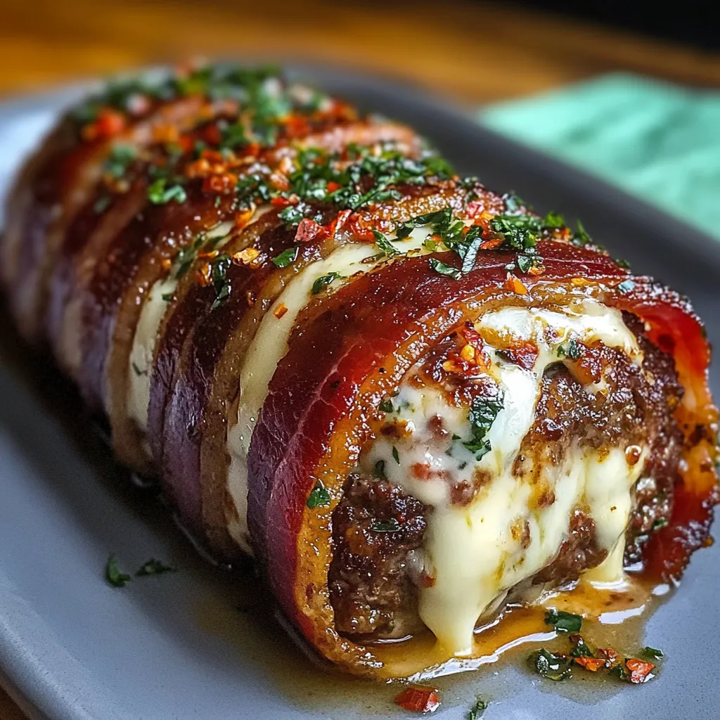 Pain de viande farci à la mozzarella et enrobé de lard