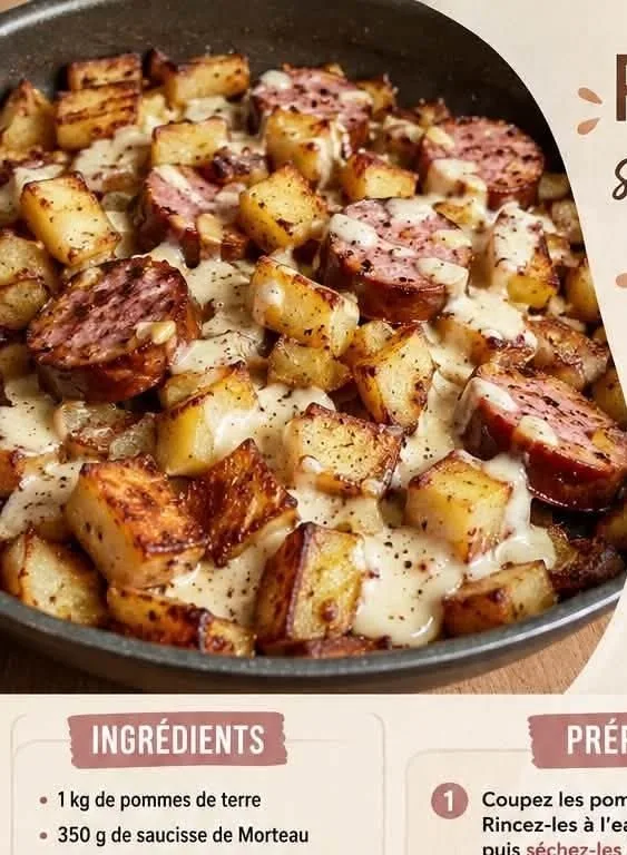 Pommes de terre sautées croustillantes, Morteau et cancoillotte à la poêle